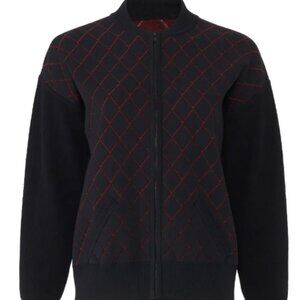 Nicole Miller Black and Red Diamond Knit Zip Up - Size Medium